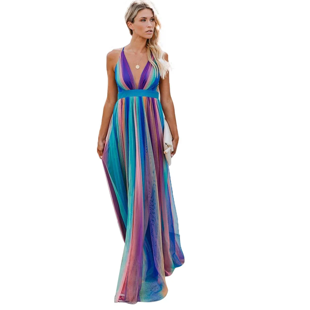 Striped Sexy Bohemian Beach Dresses Chiffon Maxi Runway Dress V Neck Backless Summer Vestido
Striped Sexy Bohemian Beach Dresses Chiffon Maxi Runway Dress V Neck Backless Summer Vestido
