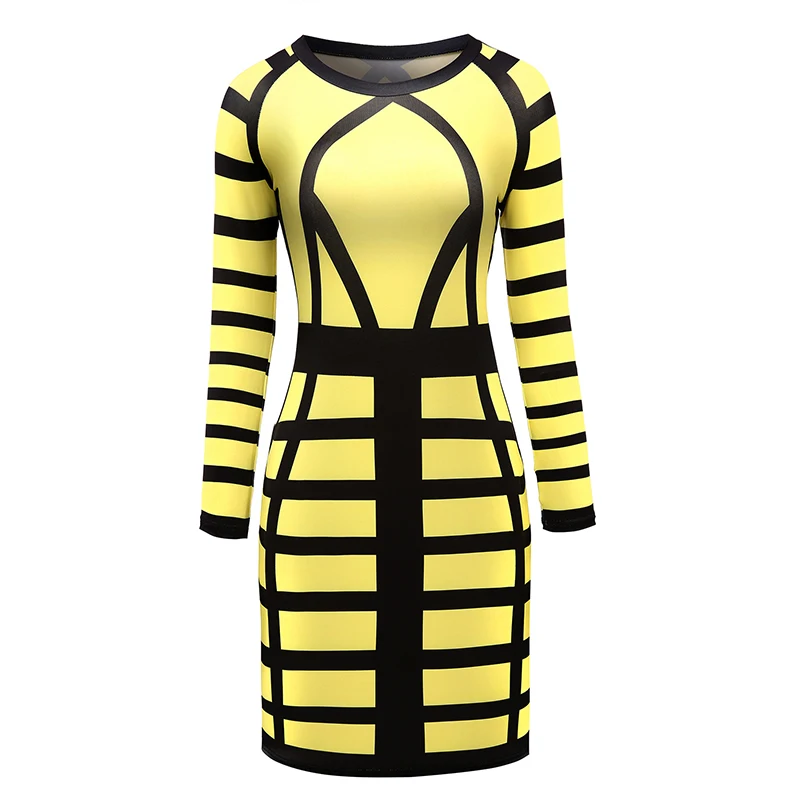 Kostlich Autumn 2017 Women O-Neck Long Sleeve Print Dress Mini Sexy Bodycon Women Dress Plus Size NightClub Wear Bandage Dress (38)