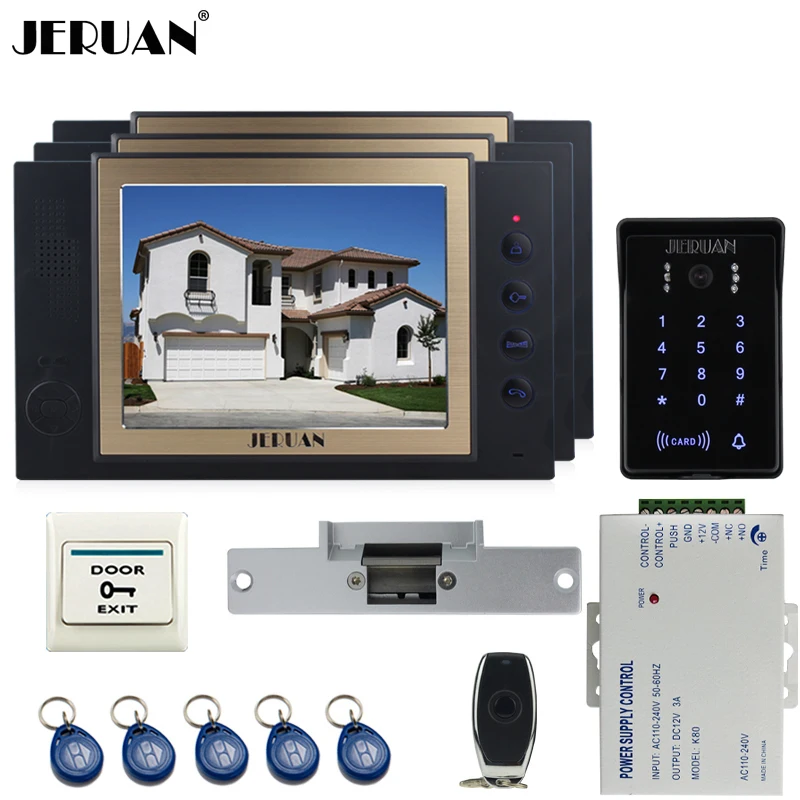 

JERUAN New RFID waterproof Touch Key password keypad Camera Home Wired 8`` TFT video doorphone Record intercom system kit 1V3