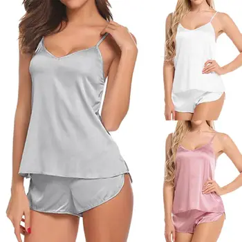 Womens Ultra-Thin Imitation Silk Two Piece Pajamas Set Sexy See Through Deep V-Neck Camisole Sleepwear Side Split Shorts Babydol
Womens Ultra-Thin Imitation Silk Two Piece Pajamas Set Sexy See Through Deep V-Neck Camisole Sleepwear Side Split Shorts Babydol