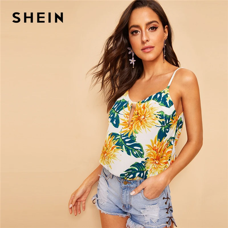 

SHEIN Double V-Neck Tropical Print Cami Top Summer Boho Spaghetti Strap Women Clothes 2019 Vest Sleeveless Tops