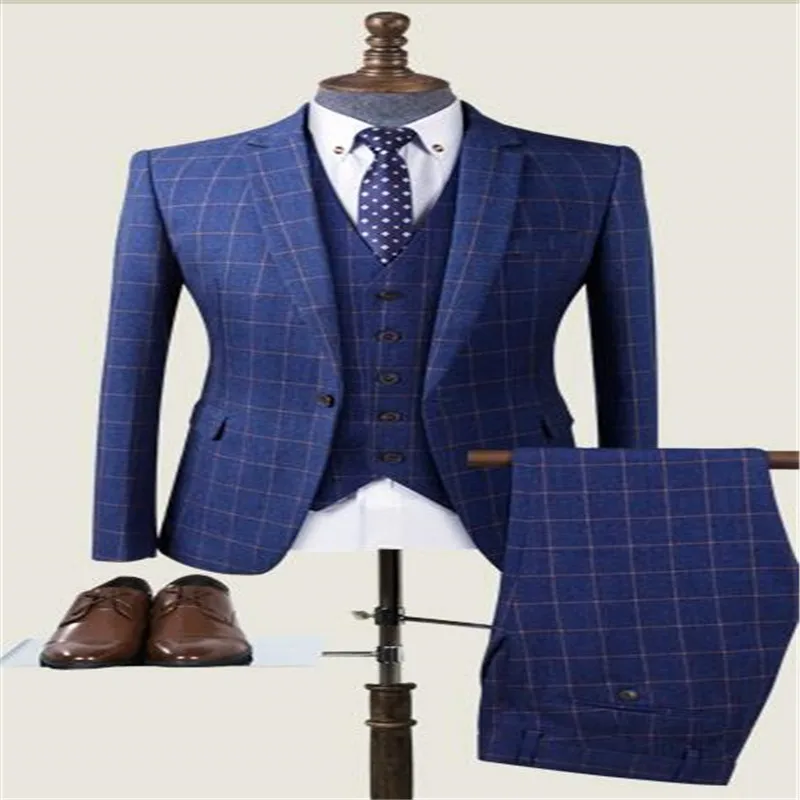 

Custom Made Men Blue windowpane check pattern Suits Retro gentleman Classic Men Slim Fit blue plaid casual Wedding Suit