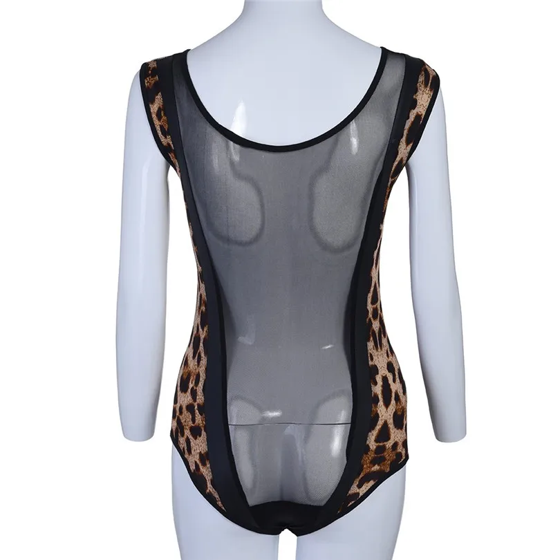 Mesh Perspective Leopard Sexy Bodysuit Women O Neck Backless Tight Sleeveless Jumpsuit Playsuit Rompers Feminino 40APR1106