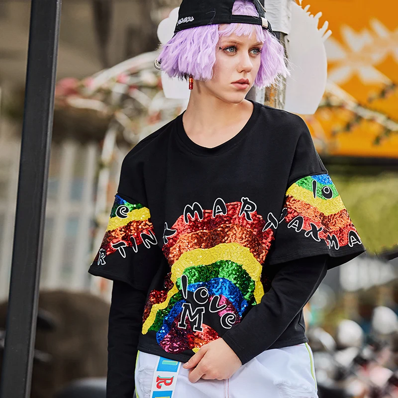 Spring Women New Fake Two Pieces Black Sweatshirts Female Fashion O-Neck Letter Sequins Long Sleeve Casual Loose Pullovers Z1067
Spring Women New Fake Two Pieces Black Sweatshirts Female Fashion O-Neck Letter Sequins Long Sleeve Casual Loose Pullovers Z1067