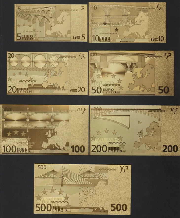 Description Picture 3 of itemCreative 24k Gold Foil Banknote Full 7pcs Euro Banknote 7pcs USD Dollar Collection Decor Souvenir Gift Waterproof