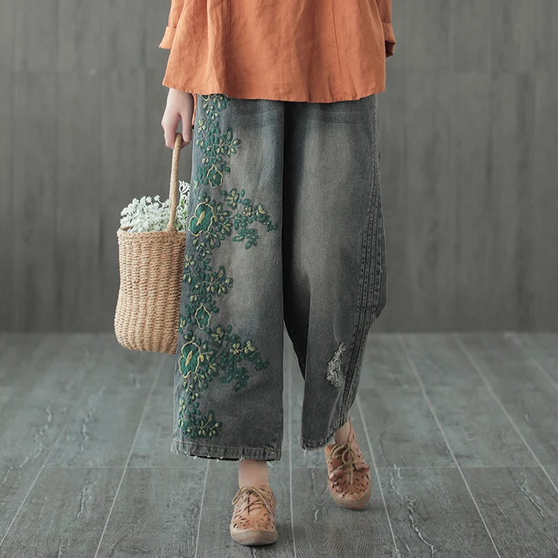 Фото Цветок лоза вышивка ретро джинсовые широкие брюки мотобрюки mori girl 2018 | Женская