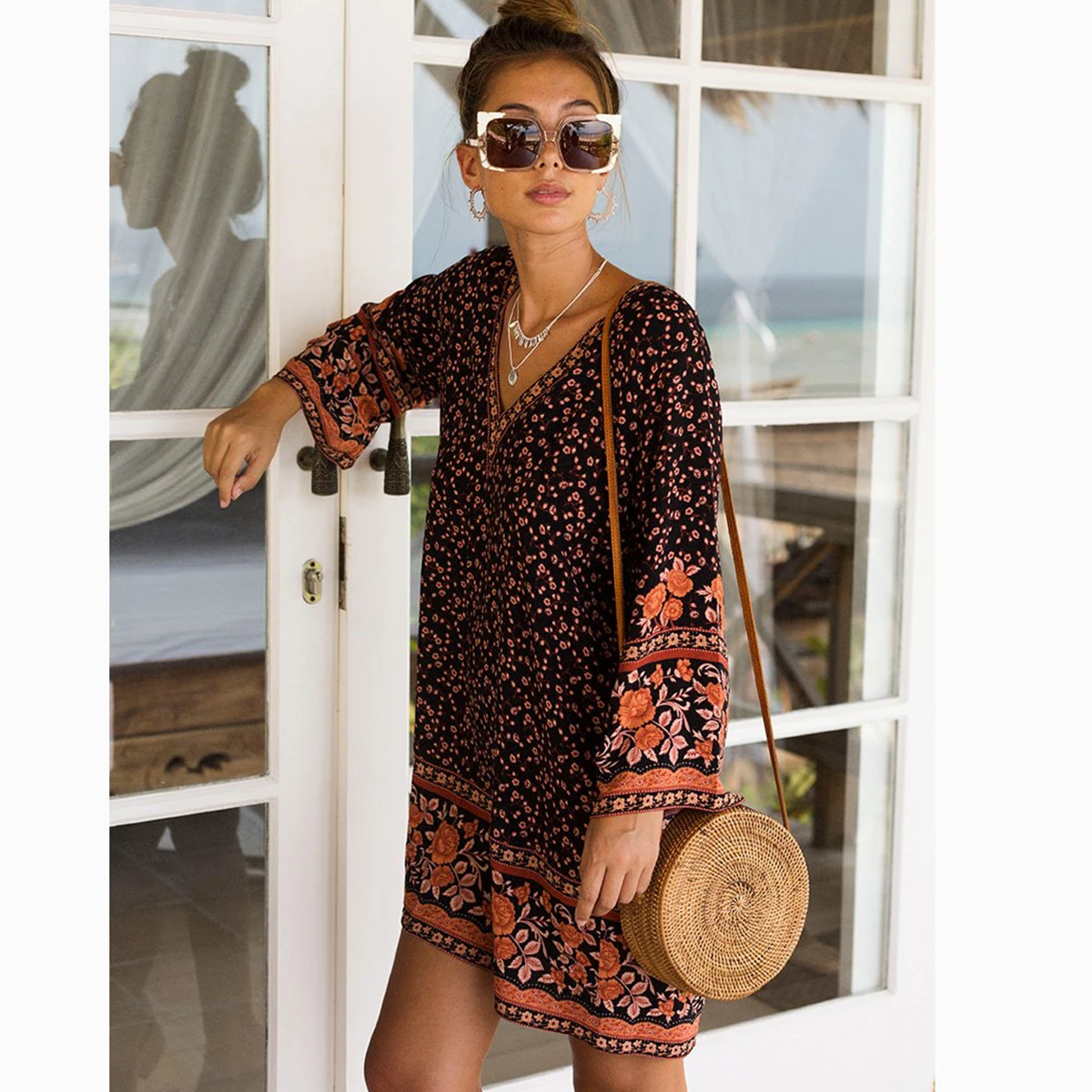 Jastie V-Neck Long Sleeve Women Dress Vintage Floral Print Dresses Loose Summer Dress mini bohemian chic women dresses Vestidos
Jastie V-Neck Long Sleeve Women Dress Vintage Floral Print Dresses Loose Summer Dress mini bohemian chic women dresses Vestidos