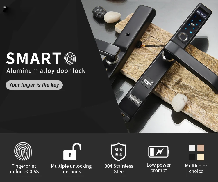 Biometric Fingerprint Door Lock,Intelligent Electronic Lock with slim stainless steel panel for Aluminum Glass Door