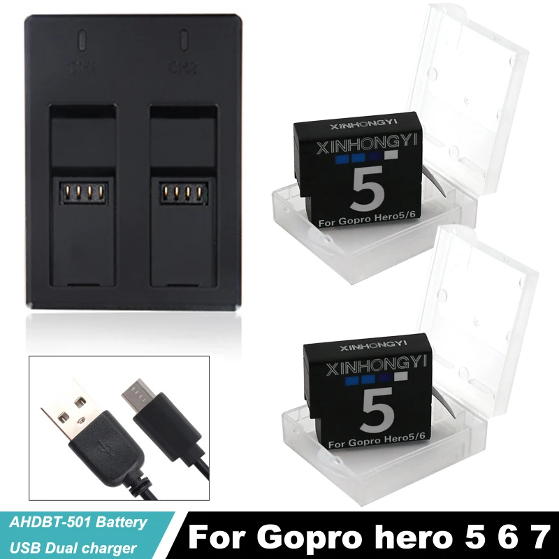

2x 1600mAh AHDBT-501 Go pro Hero5 battery Hero 6 hero7 bateria AHDBT 501 batteries + USB Charger For Gopro 5 6 7 Action Camera