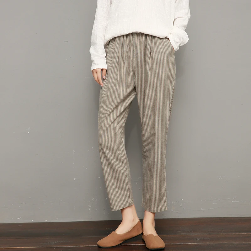 Women Korean Style Striped Pants Cotton Linen Trouser Spring New Elastic Waist Vintage Women Ankle-length Pants
Women Korean Style Striped Pants Cotton Linen Trouser Spring New Elastic Waist Vintage Women Ankle-length Pants