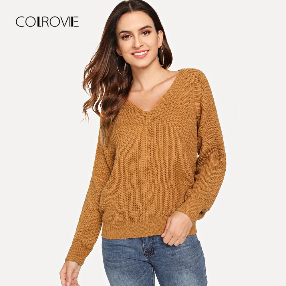 

COLROVIE Pink Criss Cross V Back Chunky Knitted Casual Women Sweater 2018 Autumn Solid Khaki Sweater Grey Pullovers Jumper
