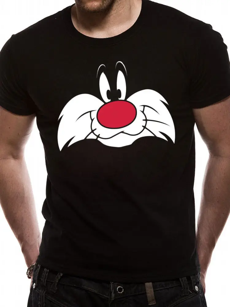 

Sylvester Cat Face Official Looney Tunes Sylvester and Tweety Black Mens T-shirt Cool Casual pride t shirt men Unisex New