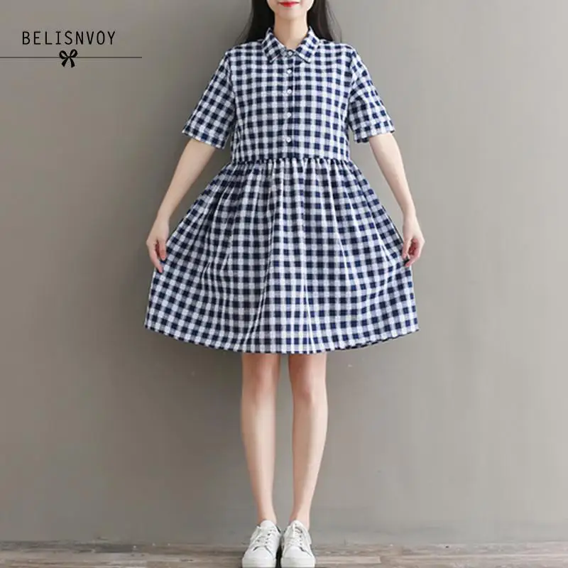 Women's Summer Dresses Plaid Fashion Casual Short Sleeve Turn-down Collar Dress Loose Pleated Shirt Dress Mori Girl Vestidos
Women's Summer Dresses Plaid Fashion Casual Short Sleeve Turn-down Collar Dress Loose Pleated Shirt Dress Mori Girl Vestidos