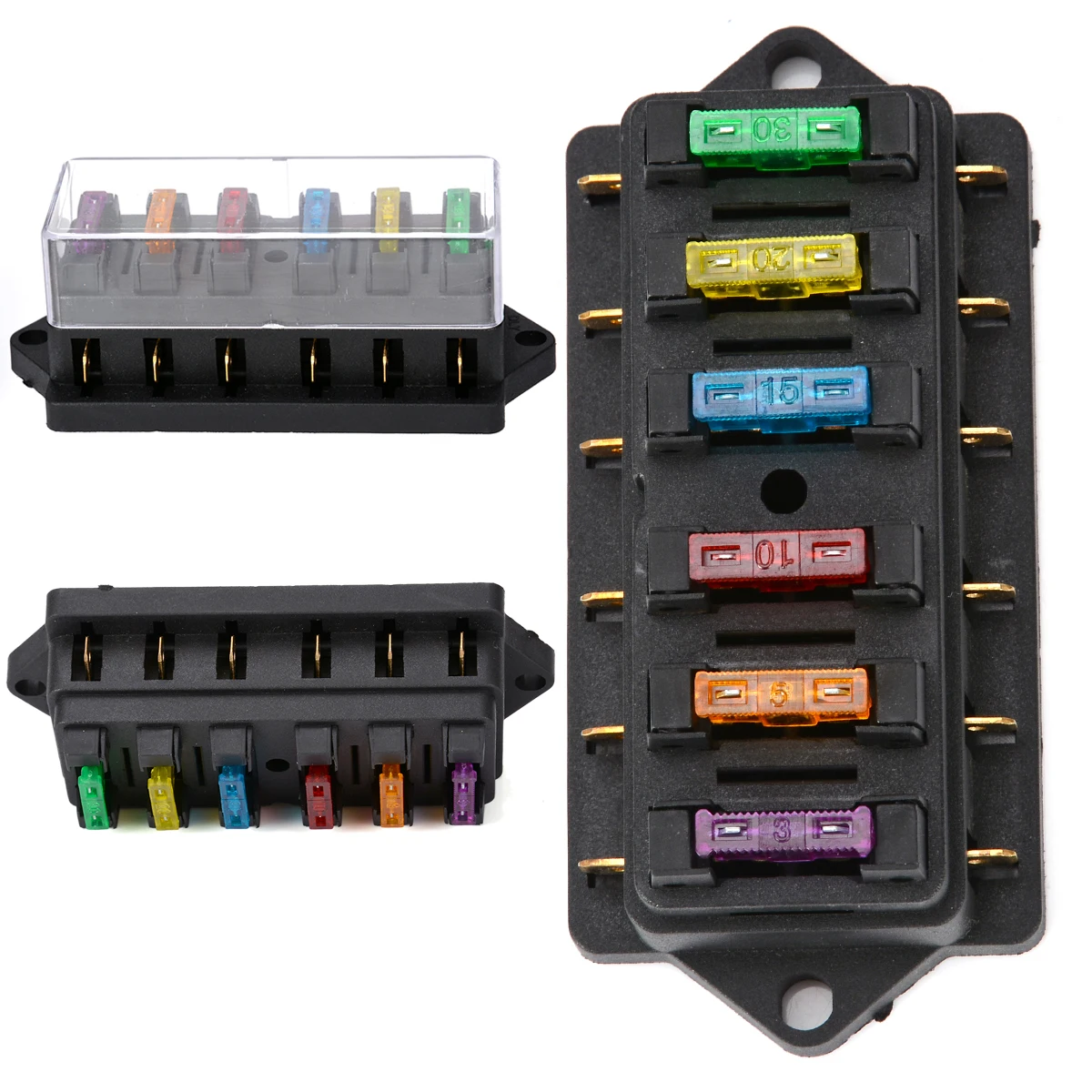 1pc 6.3mm 6 Way Circuit Standard Blade Fuse Holder DC12V/24V with 6 Fuses For Auto Car Accessories