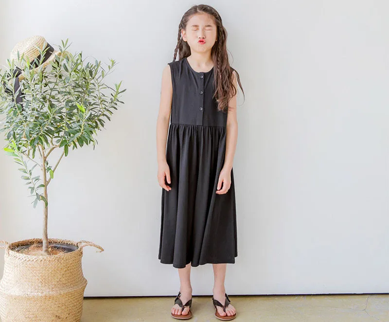 Black Cotton Sleeveless Dresses Loose Pants For Baby Big Girls Summer 2019 High Waist Wide Leg Trousers Dress Children Clothing (16).jpg
