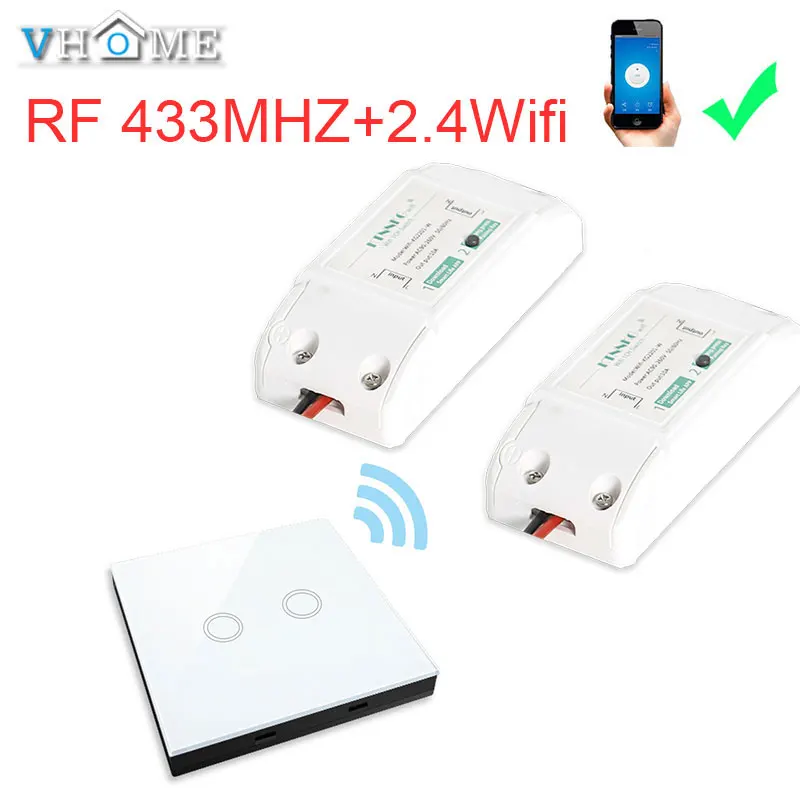 

VHome touch remote control switch,wireless 2.4g wifi + RF 433MHz relay receiver power supply 90v-250v 10A Smart Life APP