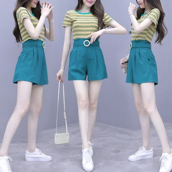 

Loose 2019 Zip Pocket Belt 2 Pcs Set High Waist Korean Vinatge Twinset Casual Brief Fashion Striped Damen Zweiteiler