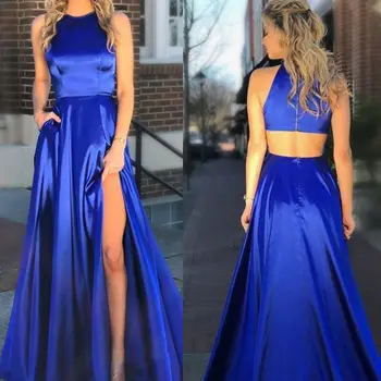 Vestidos De Gala Royal Blue Long Evening Dress Sexy Slit Halter Prom Dresses Satin Formal Dress Evening Gown for Women
Vestidos De Gala Royal Blue Long Evening Dress Sexy Slit Halter Prom Dresses Satin Formal Dress Evening Gown for Women