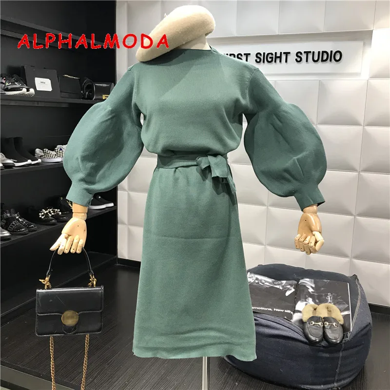 ALPHALMODA/винтажное вязаное платье с рукавами-фонариками и поясом однотонное