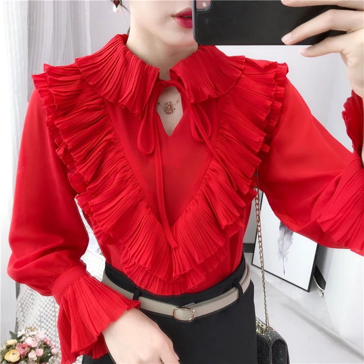 2019 Long Sleeve Ruffles Yellow Chiffon Shirts Women Elegant Ruffles Red Chiffon Blouses Lady Flare Sleeve Ruffles Chiffon Tops
2019 Long Sleeve Ruffles Yellow Chiffon Shirts Women Elegant Ruffles Red Chiffon Blouses Lady Flare Sleeve Ruffles Chiffon Tops