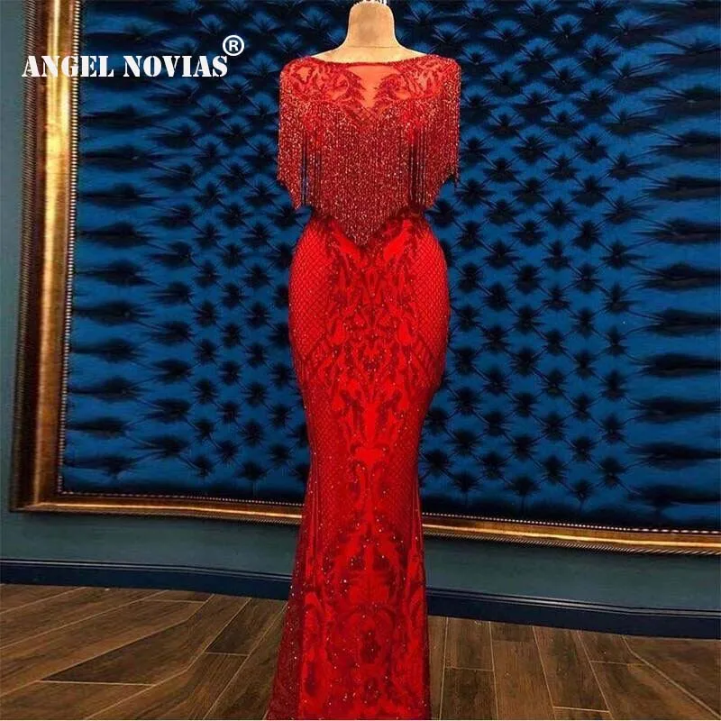 Angel Novias Long Mermaid Red Embroidery Lace Arabic Abendkleider Evening Dress 2019 with Crystals Tassels Vestidos De Noche
Angel Novias Long Mermaid Red Embroidery Lace Arabic Abendkleider Evening Dress 2019 with Crystals Tassels Vestidos De Noche