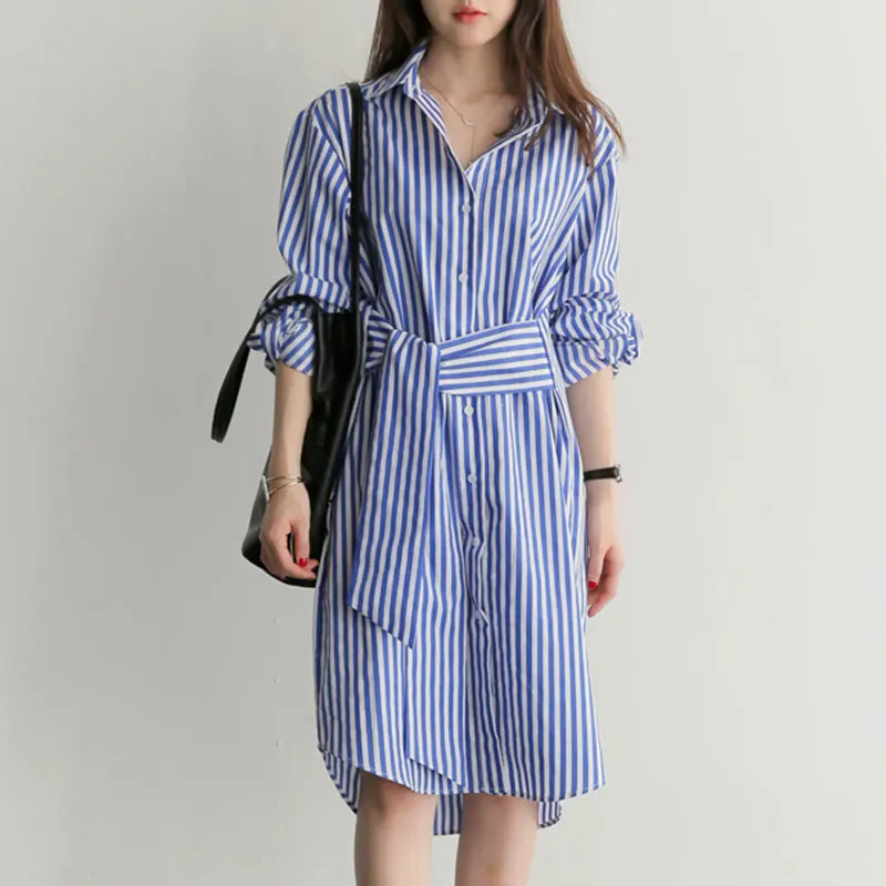 Turn-down Collar Striped Lacing Shirt Dresses Women Casual Long Sleeve Loose Hem Irregular Dress Ladies Fashion Simple Dress New
Turn-down Collar Striped Lacing Shirt Dresses Women Casual Long Sleeve Loose Hem Irregular Dress Ladies Fashion Simple Dress New