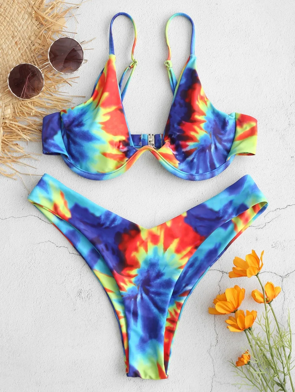 

Women High Cut Bikinis Spaghetti Straps Tie Dye Plunge Underwire Bikini Set Elastic Padded Swimwear Summer Beach Wear Swimsuits