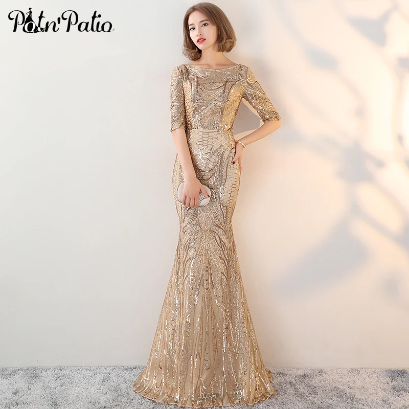 Elegant Sequined Golden Evening Dresses For Women 2019 New Sexy Backless Mermaid Evening Dress With Sleeves 
Elegant Sequined Golden Evening Dresses For Women 2019 New Sexy Backless Mermaid Evening Dress With Sleeves
