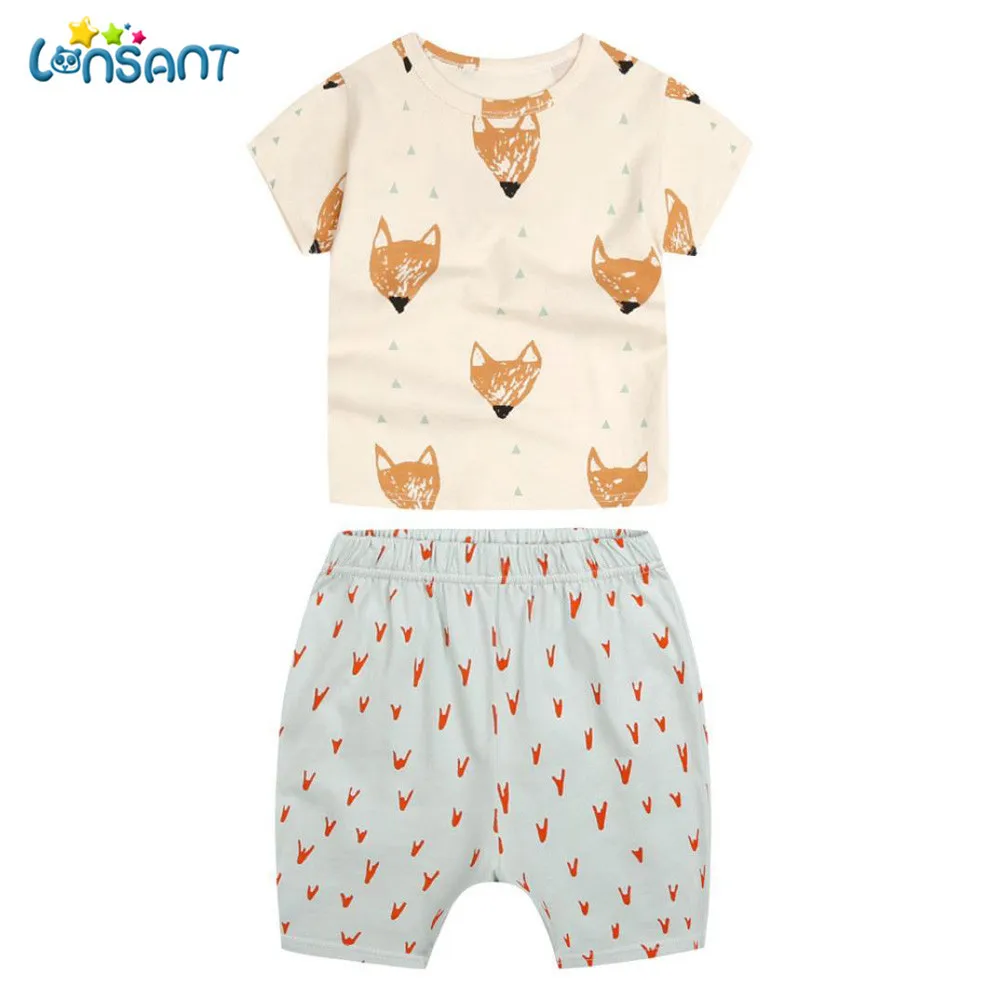 LONSANT New 2018 Summeer Girls And Boys Beige Fox Printed Casual Clothing Sets Kids T-shirt Short Pants Girls Clothes