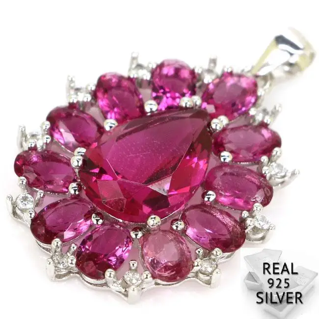 

Guaranteed Real 925 Solid Sterling Silver 4.3g New Designed Pink Tourmaline CZ Woman's Pendant 34x23mm