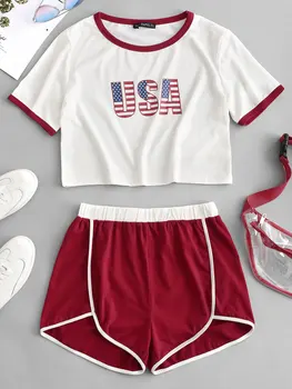 ZAFUL Two Pieces Sets USA Graphic Crop Top And High Waist Shorts Set Women Summer Casual Suits Streetwear Solid Red Female Sets
ZAFUL Two Pieces Sets USA Graphic Crop Top And High Waist Shorts Set Women Summer Casual Suits Streetwear Solid Red Female Sets