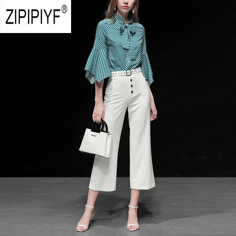 Vintage Fashion Women 2019 Autumn Women Sets Three Quarter Flare Sleeve Bow Bandage Design Stripe Blouse Top White Pants Z2210
Vintage Fashion Women 2019 Autumn Women Sets Three Quarter Flare Sleeve Bow Bandage Design Stripe Blouse Top White Pants Z2210