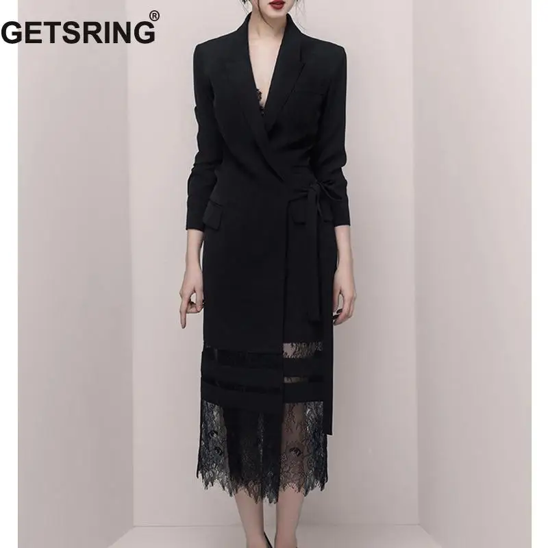 GETSRING Women Dresses Turn-down Collar Lace Stitching Waist Long Dresses Black White Irregular Party Dress 2018 New Fashion
GETSRING Women Dresses Turn-down Collar Lace Stitching Waist Long Dresses Black White Irregular Party Dress 2018 New Fashion