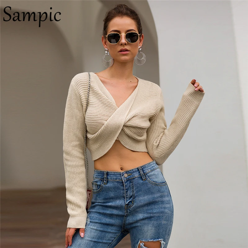 Sampic women autumn long sleeve casual pullovers cropped sweater sexy loose v neck knitted sweater 2019
Sampic women autumn long sleeve casual pullovers cropped sweater sexy loose v neck knitted sweater 2019