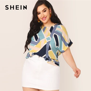 

SHEIN Plus Size Multicolor Geo Print Cuffed Sleeve Top Blouse Women Summer Casual Colorblock Boat Neck Roll Up Sleeve Blouses