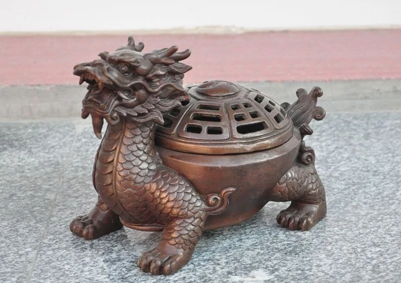 China Bronze fengshui dragon Turtle Tortoise beast statue Incense burner Censer