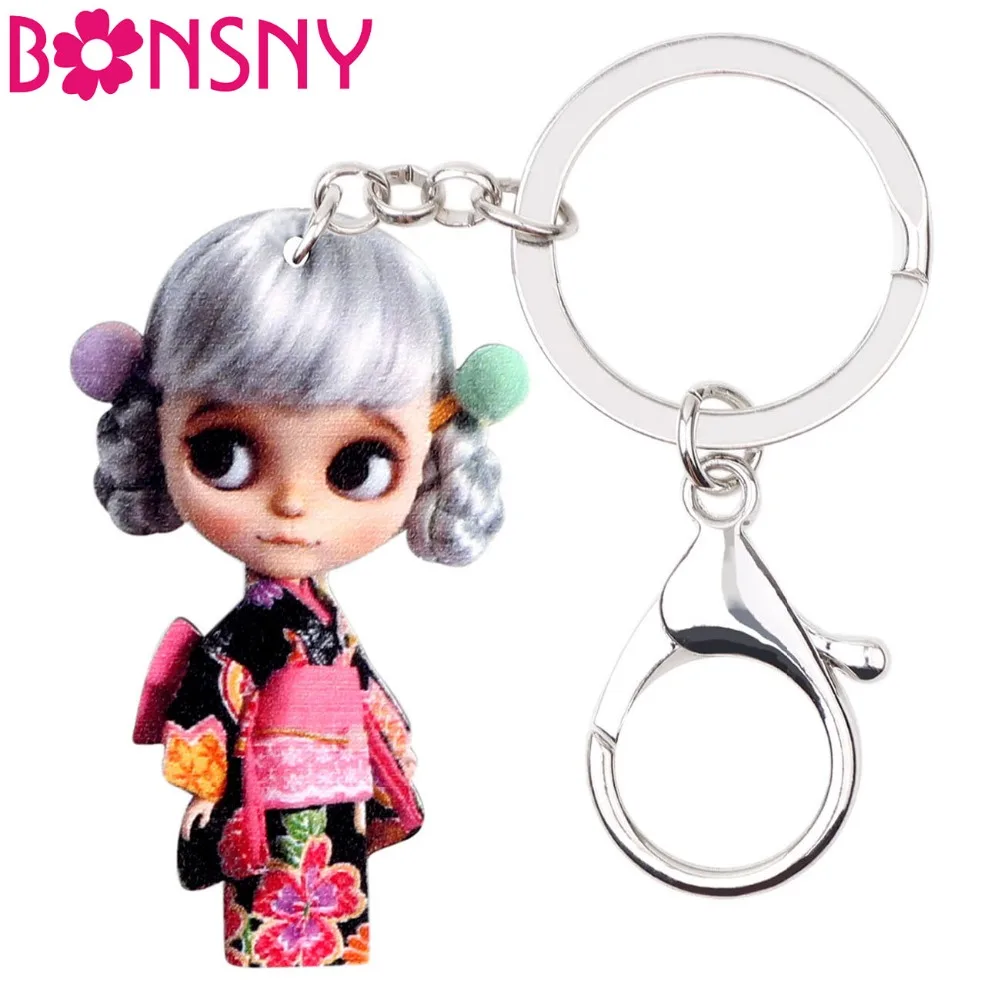 Bonsny акриловые милые японские серебряные брелки для ключей с куклой волос брелок