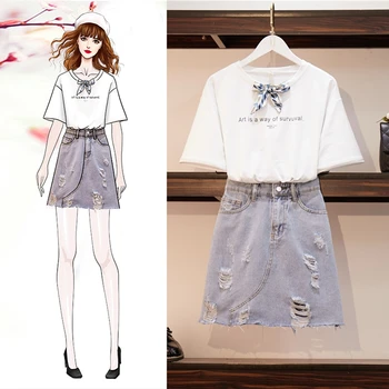 SexeMara fashion The New Printed bow T-shirt + hole A word denim skirt short two-piece Free shipping
SexeMara fashion The New Printed bow T-shirt + hole A word denim skirt short two-piece Free shipping