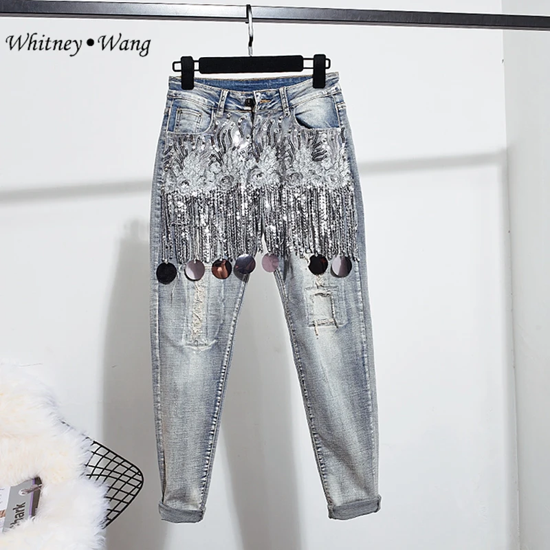 WHITNEY WANG 2019 Spring Autumn Fashion Streetwear Sequins Tassel Ripped Jeans Women Denim Pants
WHITNEY WANG 2019 Spring Autumn Fashion Streetwear Sequins Tassel Ripped Jeans Women Denim Pants