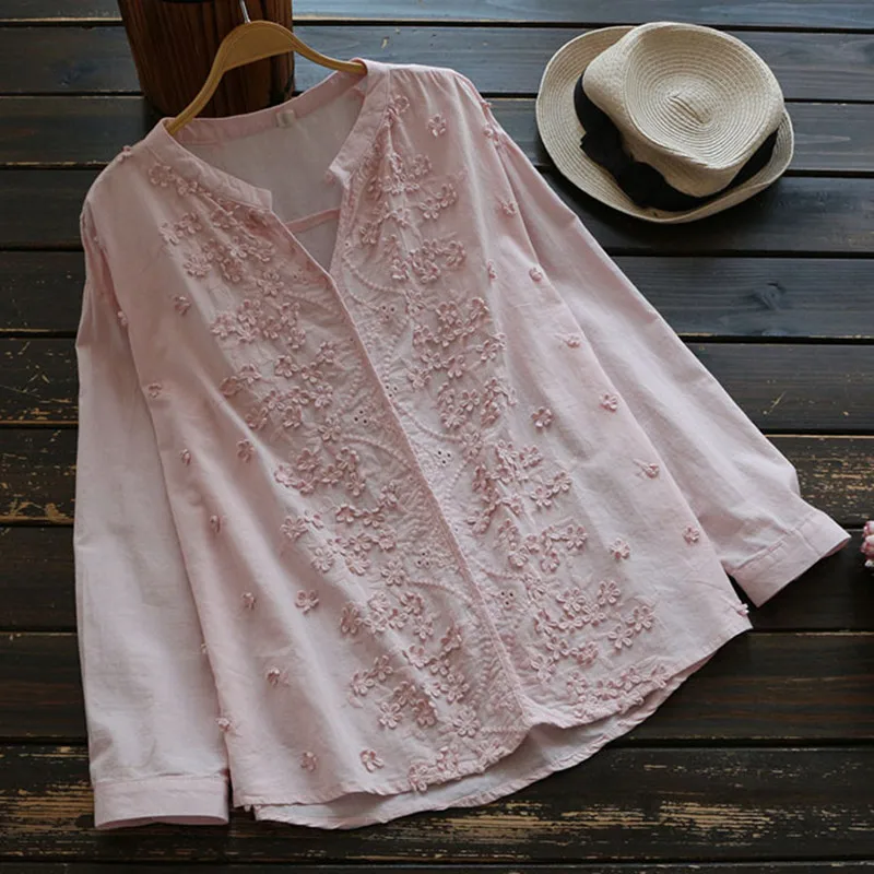 Literature Sweet Embroidery Flower Blouse Women Blue Pink V Neck Cotton Tops Long Sleeve Shirts Loose Chemise Femme Blusas
Literature Sweet Embroidery Flower Blouse Women Blue Pink V Neck Cotton Tops Long Sleeve Shirts Loose Chemise Femme Blusas