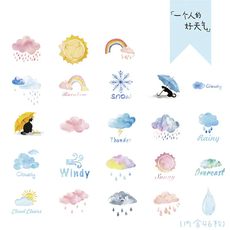 46pcs/set Good Or Bad Weather Stickers Set Decorative Stationery Stickers Scrapbooking DIY Diary Album Label School Supplies
46pcs/set Good Or Bad Weather Stickers Set Decorative Stationery Stickers Scrapbooking DIY Diary Album Label School Supplies