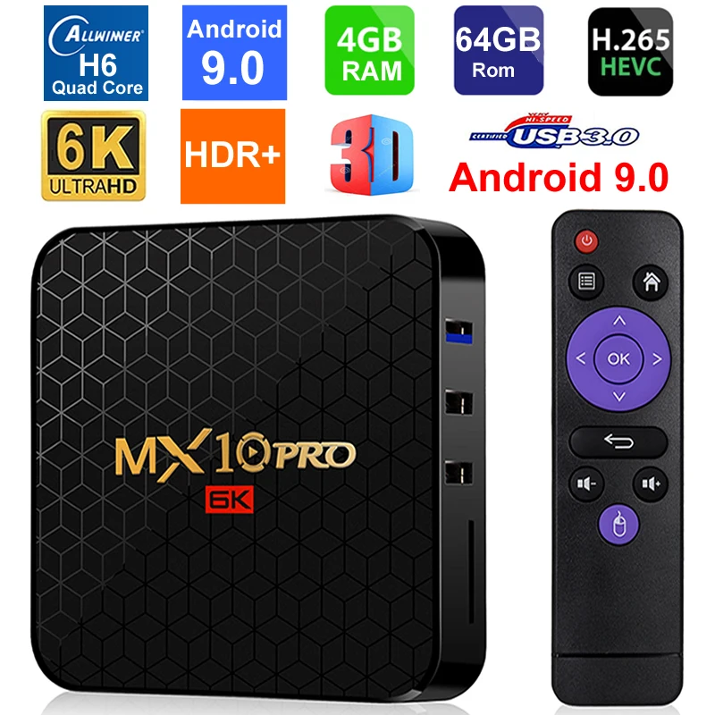 

Android 9.0 Smart TV Box MX10 PRO Allwinner H6 Quad Core 4GB RAM 64GB ROM USB3.0 WIFI 3D 6K Resolution H.265 HDR Media Player