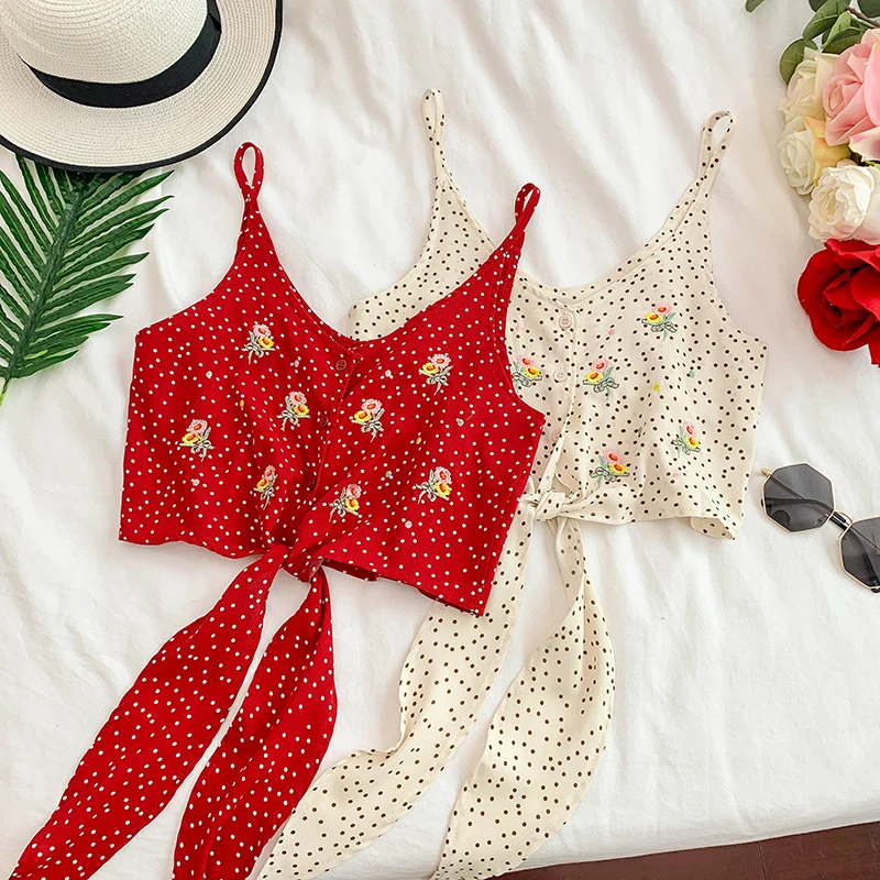 Seaside Holiday Retro Point Embroidery Single Breasted V Collar Open Back Short Crop Tops Women Camis Vest Tops G958
Seaside Holiday Retro Point Embroidery Single Breasted V Collar Open Back Short Crop Tops Women Camis Vest Tops G958
