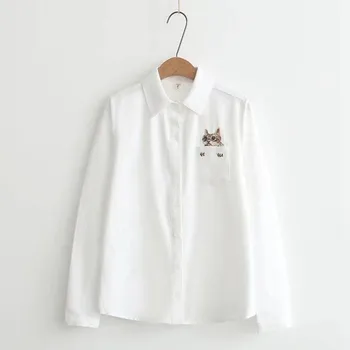 Women School Shirt White Blue Tops Ladies Blouses Long Sleeve Shirt Female Office Top Pocket With Cat Embroidery
Women School Shirt White Blue Tops Ladies Blouses Long Sleeve Shirt Female Office Top Pocket With Cat Embroidery