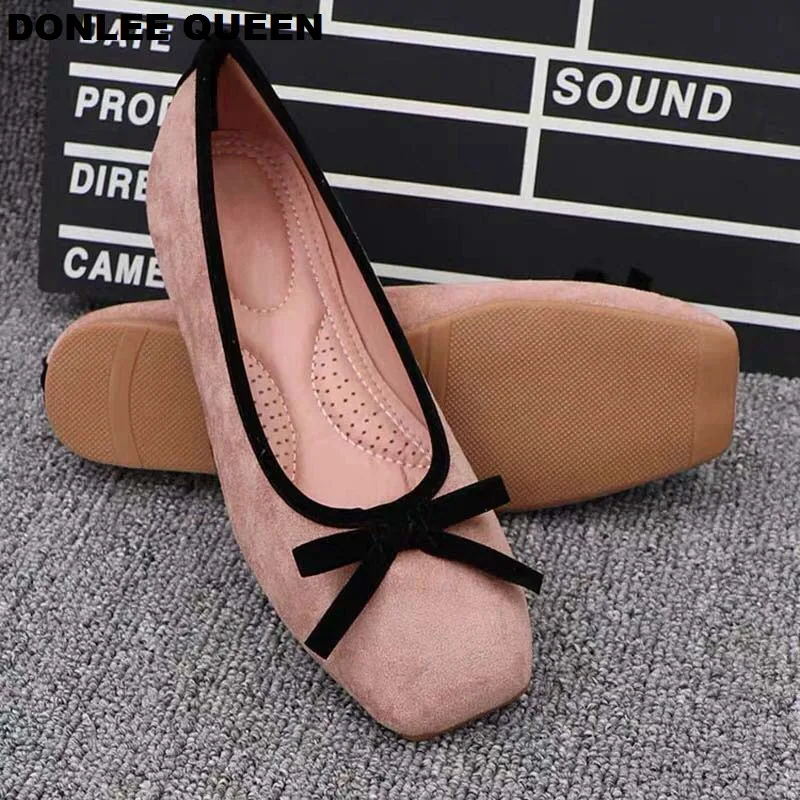 

Plus Size 41 Ballet Shoes Women Square Toe Flock Butterfly-knot Ballerina Comfortable Latex Insole Moccasins Slip On Loafer Shoe