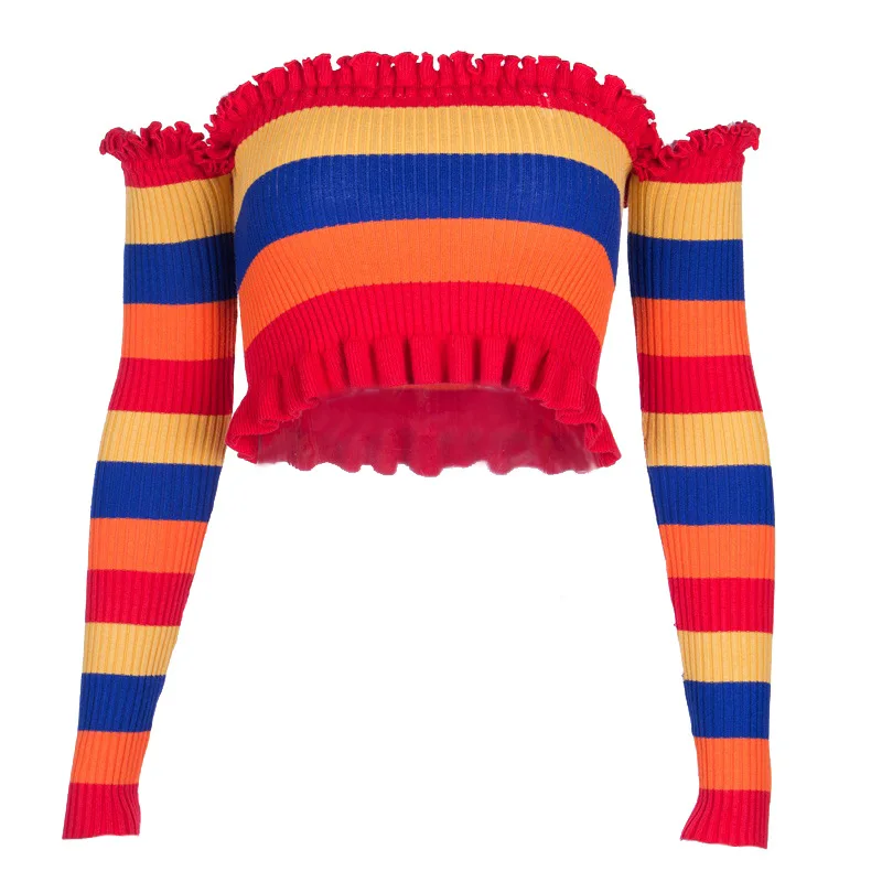 IOLPR 2019 autumn Winter Women One Shoulder Top Sexy Fashion Rainbow Knitted Pullovers Sweater Female Wood Ear Short Streetwear
IOLPR 2019 autumn Winter Women One Shoulder Top Sexy Fashion Rainbow Knitted Pullovers Sweater Female Wood Ear Short Streetwear