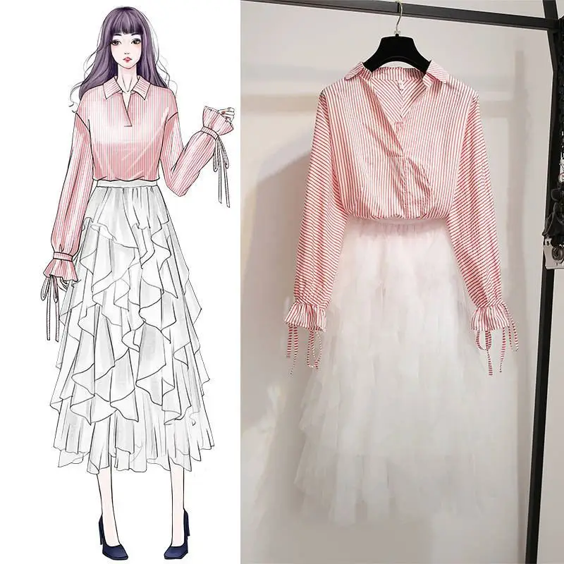 2019 New Spring Autumn Women Sexy V Neck Striped Top Shirts+Elastic Waist Irregular Mesh Maxi Skirts 2 Pieces Clothing Sets Y159
2019 New Spring Autumn Women Sexy V Neck Striped Top Shirts+Elastic Waist Irregular Mesh Maxi Skirts 2 Pieces Clothing Sets Y159