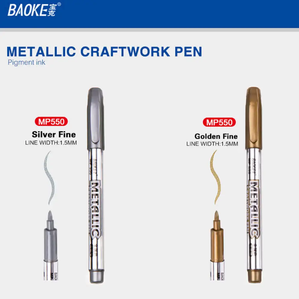 Baoke Metallic Permanent Marker Pens Sliver Gold Metal Craftwork Pens Color Paint Sharpie for Card Leather Stone Windows Drawing
Baoke Metallic Permanent Marker Pens Sliver Gold Metal Craftwork Pens Color Paint Sharpie for Card Leather Stone Windows Drawing