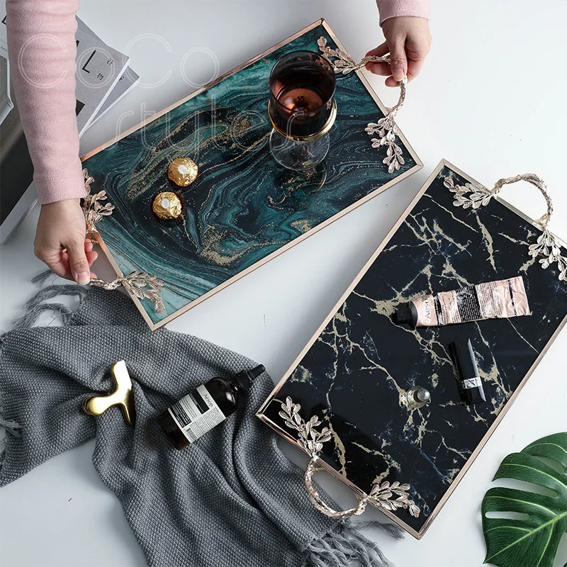 Cocostyles InsFashion super gorgeous rectangle marble pattern serving tray with handle for rich european style five-star hotel
Cocostyles InsFashion super gorgeous rectangle marble pattern serving tray with handle for rich european style five-star hotel
