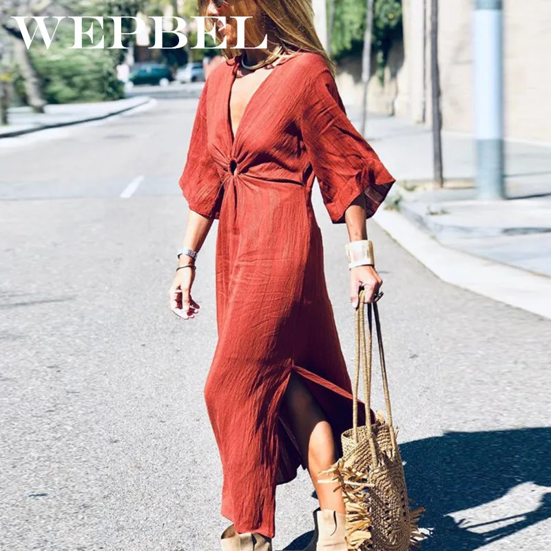 WEPBEL Women Linen Ankle-Length Dress Summer Sexy V Neck Half Sleeve Umbilical Casual Loose Beach Dresses
WEPBEL Women Linen Ankle-Length Dress Summer Sexy V Neck Half Sleeve Umbilical Casual Loose Beach Dresses